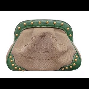 VINTAGE RARE 1990s PRADA LOGO JACQUARD B CORDA CANVAS & LEATHER HANDBAG CLUTCH